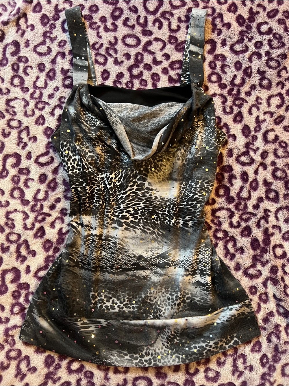 GLO jeans Black and Gray Animal Print Cowl Neck Camisole with Metallic Dots